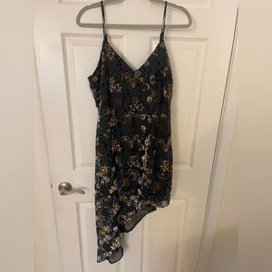 LuLus Dark Teal Floral Velvet Asymmetrical Dress NWT